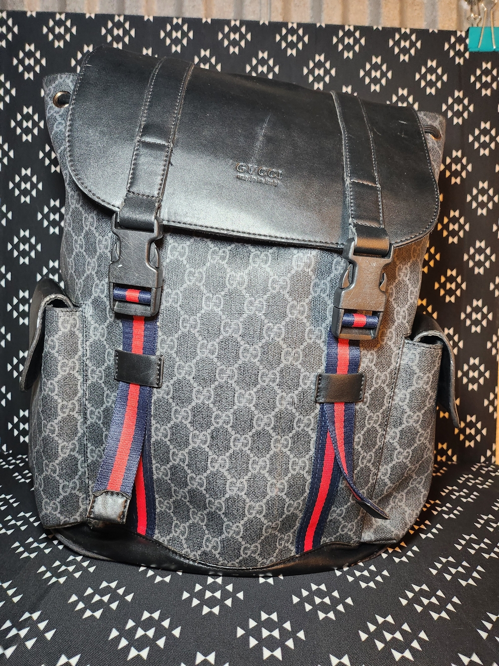 Gucci Gray GG Supreme Canvas Backpack with Red & Blue Web Straps